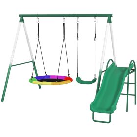Metal Swing Set with Slide, Saucer Swing Seat, Heavy Duty A-Frame Stand and Adjustable Rope for Backyard, Dark Green