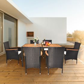 7 Piece Patio Dining Set, Outdoor Patio Conversation Set with Acacia Wood Table Top and Rattan Chairs and Soft Seat Cushions for Deck Backyard Ga